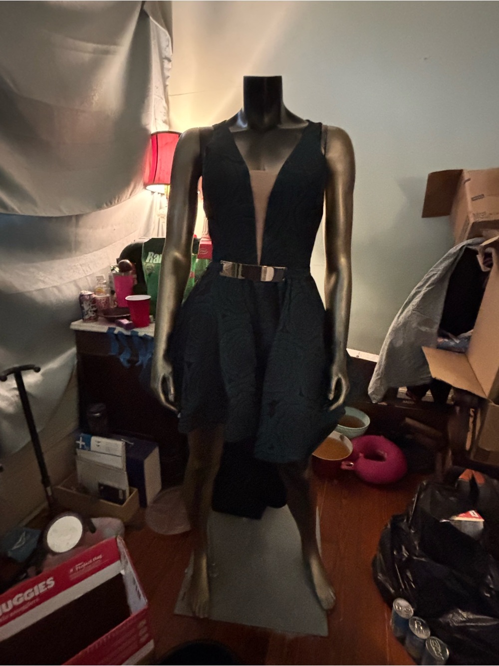 New Jessica angel Plunging V-Neck Black Mini Dress with Metallic Belt